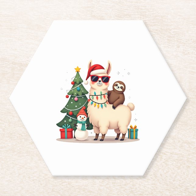 Santa Xmas Funny Llama Sloth Christmas (2) Paper Coaster (Front)