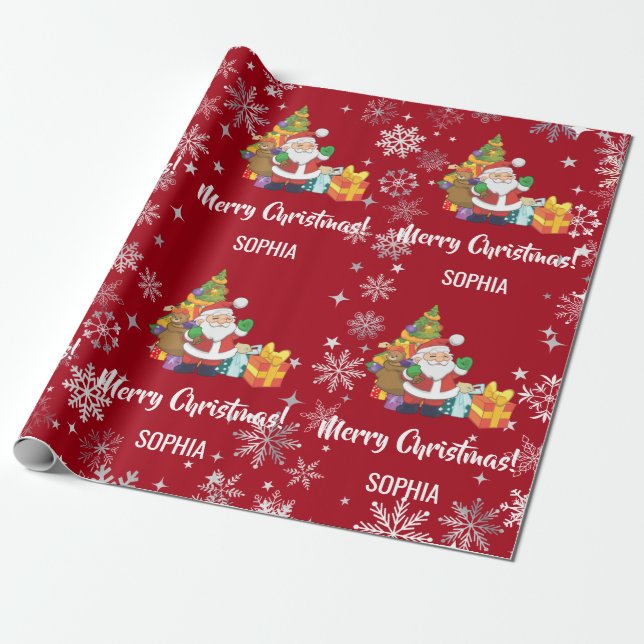 Santa Xmas Tree Gifts Snowflakes Personalize Name Wrapping Paper (Unrolled)