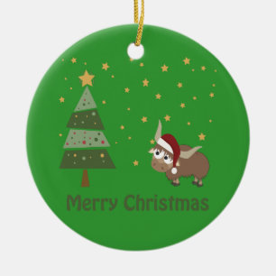 Santa Yak Christmas Scene Ceramic Ornament