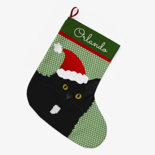 Santa Yellow Eyes Long Hair Black Cat Large Christmas Stocking