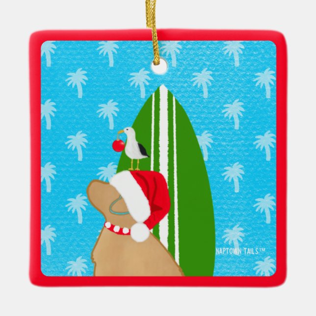 Santa Yellow Lab Surfboard Dog Christmas Ornament (Front)