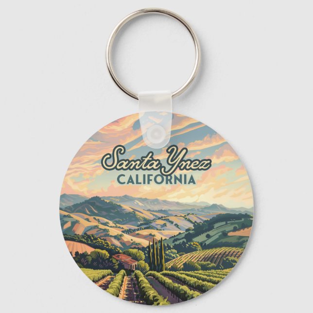 Santa Ynez California Vineyard Winery Retro Keychain (Front)