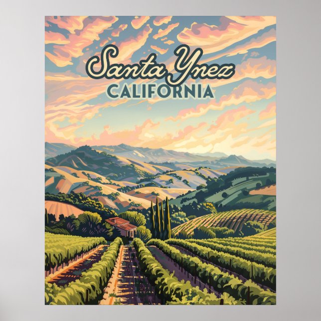 Santa Ynez California Vineyard Winery Retro Poster (Front)