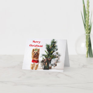 Santa Yorkie with Christmas Holiday Tree Card