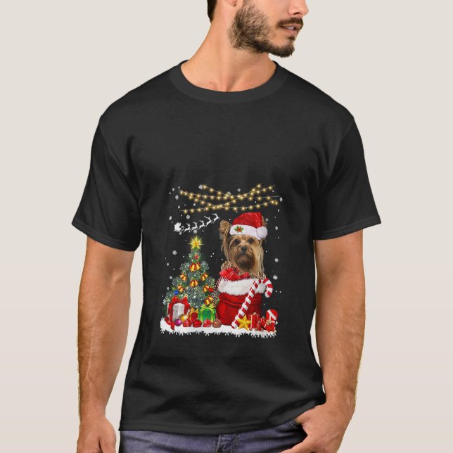Santa Yorkshire Christmas Tree Lights Dog Owner Xm T-Shirt (Front)
