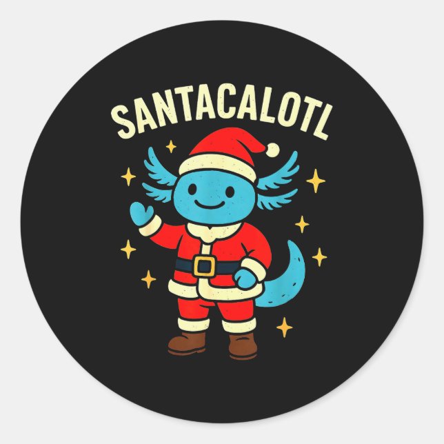 Santacalotl Santa Claus Cute Blue Axolotl New Year Classic Round Sticker (Front)