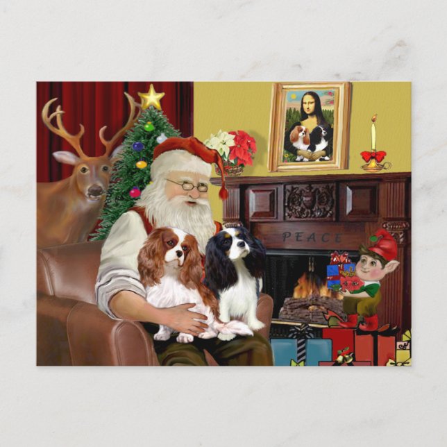 Santa's 2 Cavalier Kings Charles Holiday Postcard (Front)