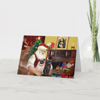Santa's 2 Pugs (fawn + black) Holiday Card