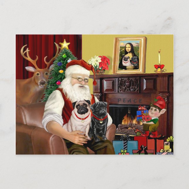 Santa's 2 Pugs (fawn + black) Holiday Postcard (Front)