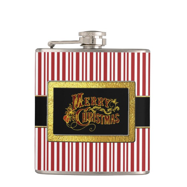 Santa's Belt Merry Christmas Candy Cane Hip Flask (Front)