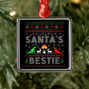 Santa's Bestie Dino Winter Christmas Ugly Sweater Metal Ornament