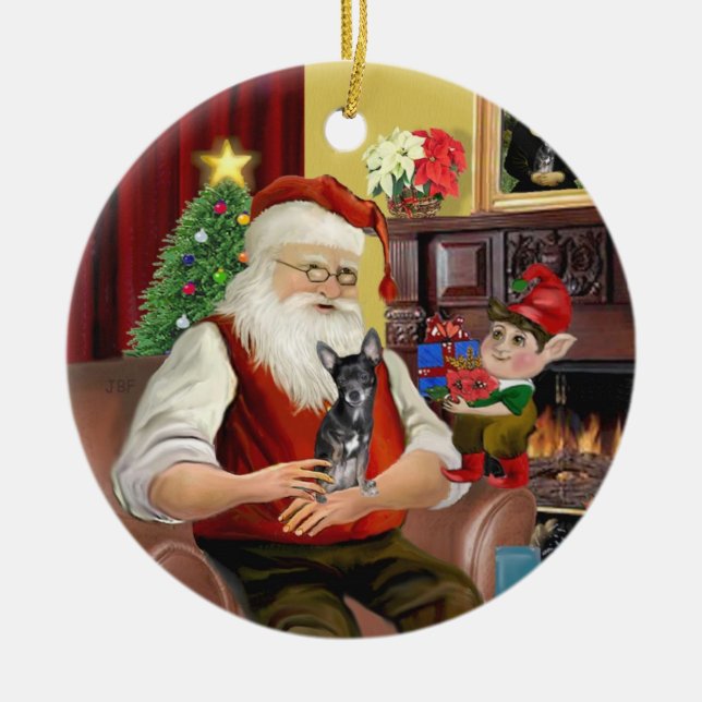 Santa's Blue and tan Chihuahua (T) Ceramic Ornament (Front)