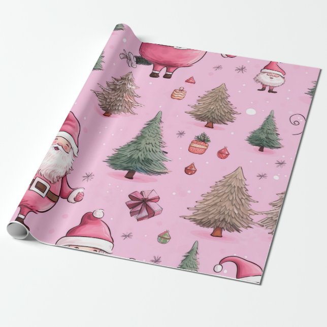 Santa's Blush Winter Wonderland Wrapping Paper (Unrolled)