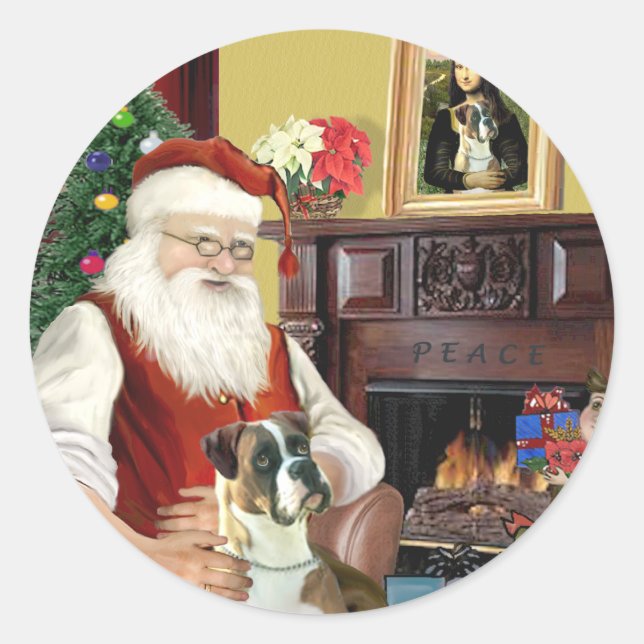 Santa's Boxer (natural ears) Classic Round Sticker (Front)