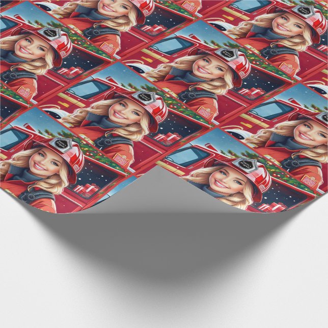 Santa's Brigade Female Firefighter Christmas Wrapping Paper (Corner)