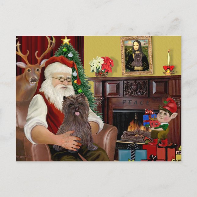 Santa's Brindle Cairn Terrier Holiday Postcard (Front)