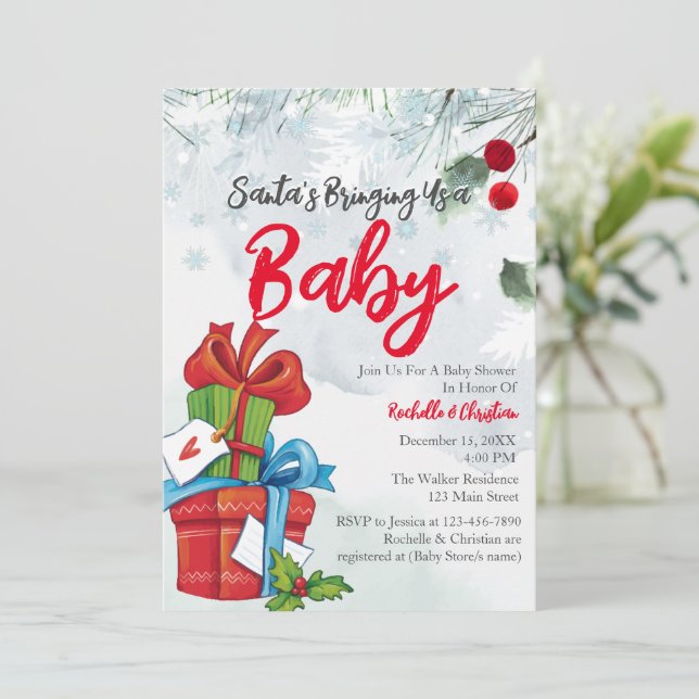Santa's Bringing Us A Baby Christmas presents Invitation (Standing Front)