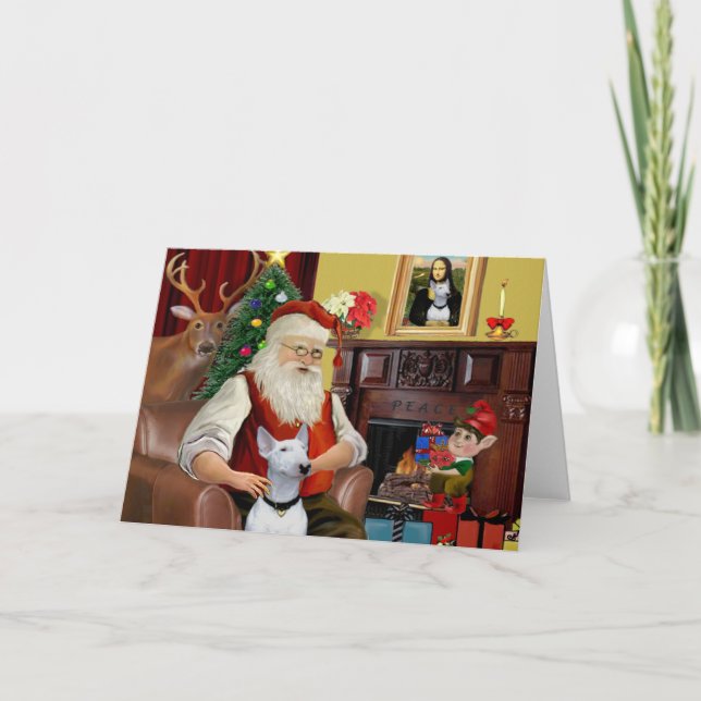 Santa's Bull Terrier (white) Holiday Card (Front)