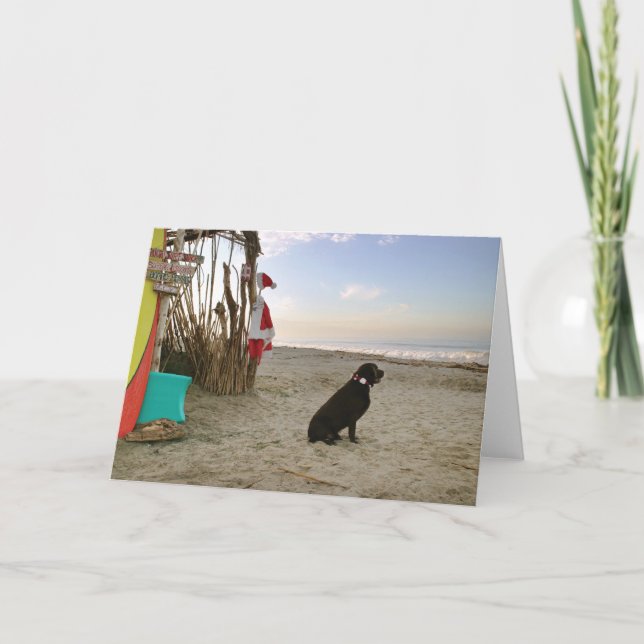Santa's chocolate Lab dog beach waves Holiday Card (Front)