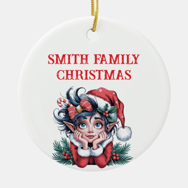 Santa's Christmas Elf Festive Ceramic Ornament (Front)