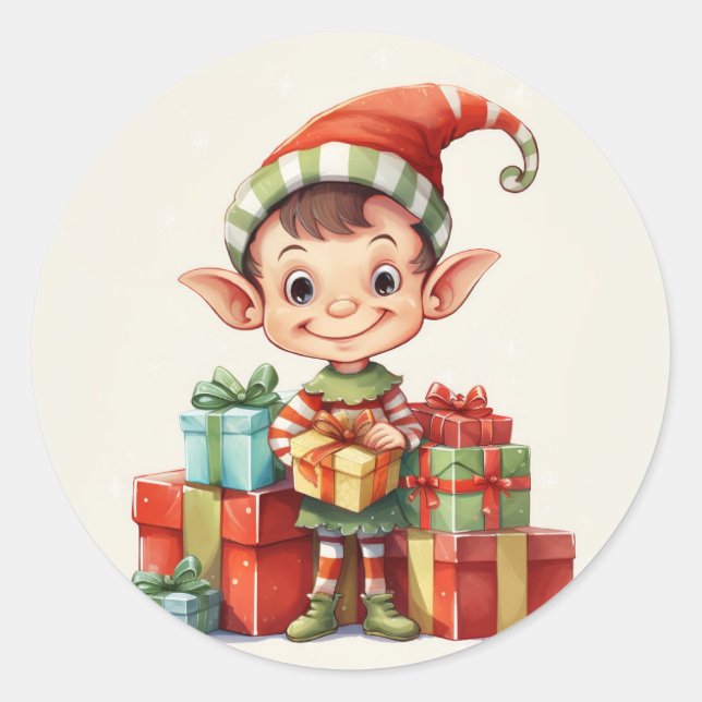 Santa's Christmas Elf with Gifts Classic Round Sticker (Front)