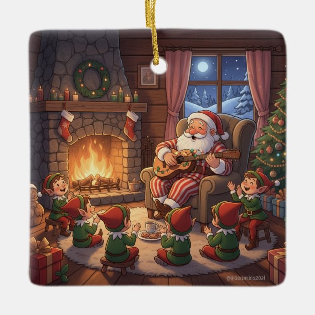 Santa's Christmas Eve Serenade: Cozy Fireplace Ceramic Ornament (Front)