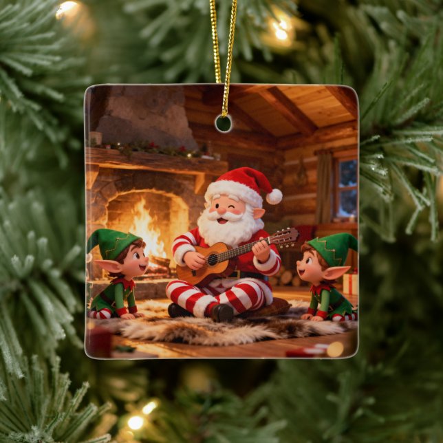 Santa's Christmas Eve Serenade: Cozy Fireplace Ceramic Ornament (Tree)