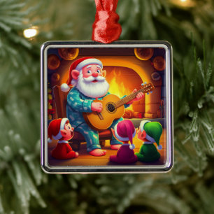 Santa's Christmas Eve Serenade: Cozy Fireplace Metal Ornament