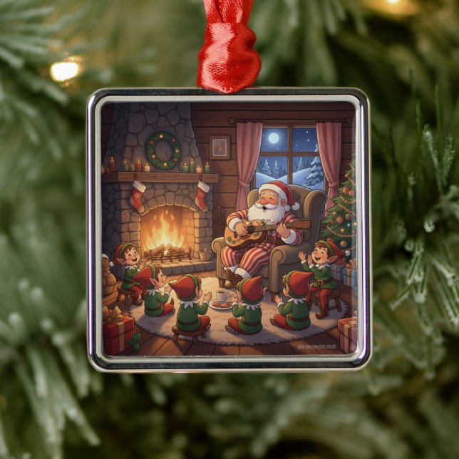 Santa's Christmas Eve Serenade: Cozy Fireplace Metal Ornament (Tree)