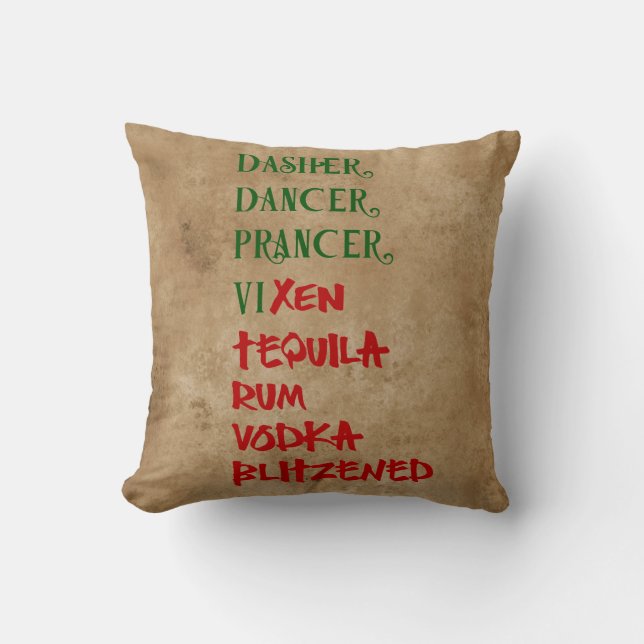 Santa's Christmas Funny Reindeer Drinking Names Throw Pillow (Front)