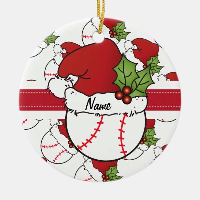 Santa's Christmas Hat on a Baseball Ceramic Ornament (Front)