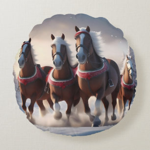 Santas Christmas Snow Horses,  Round Pillow