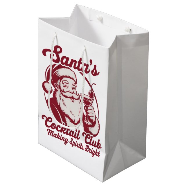 Santa's Cocktail Club Funny Xmas Holiday Drinking Medium Gift Bag (Front Angled)