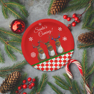 Santa's Coming Reindeer Trio Red Party Paper Plate
