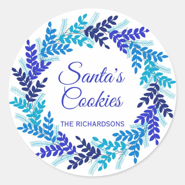 Santa's Cookies Blue Christmas Wreath Classic Round Sticker (Front)
