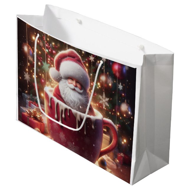 Santa's Cozy Cup Large Gift Bag (Front Angled)