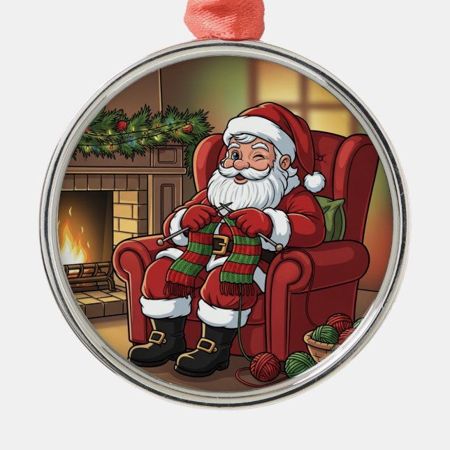 "Santa's Cozy Knitting Nook" Personalized Metal Ornament (Front)