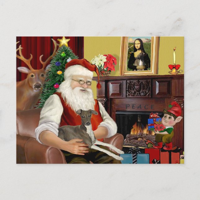 Santa's Dark Grey/Brown Italian Greyhound Holiday Postcard (Front)