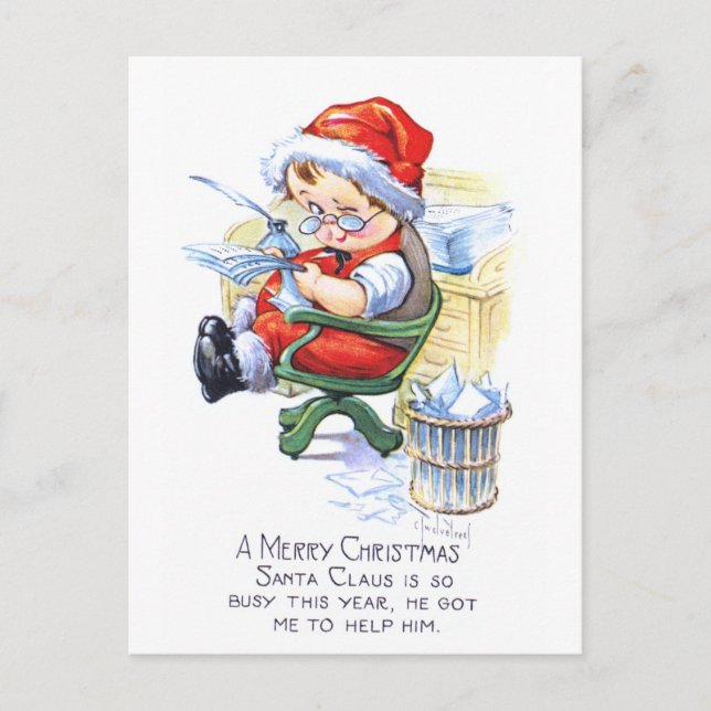 Santas Elf in Chair Holiday Postcard (Front)