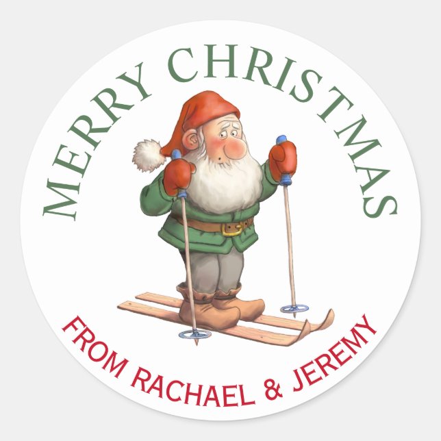 Santa's Elf on Skis Merry Christmas Classic Round Sticker (Front)