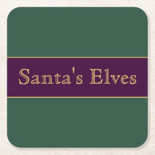 SANTA'S ELVES Fun Holly Green Royal Purple Stripes Square Paper Coaster
