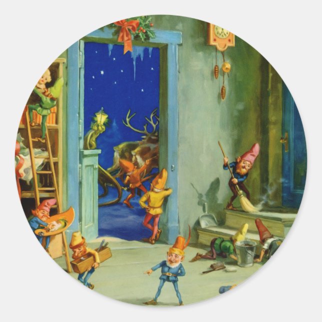 Santa's Elves In His Workshop on Christmas Eve Classic Round Sticker (Front)
