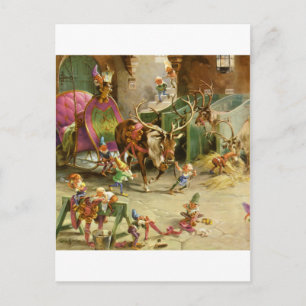 Santa's Elves Ready His Sleigh and Reindeer Holiday Postcard
