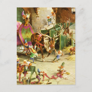 Santa's Elves & Reindeer in His North Pole Stable Holiday Postcard