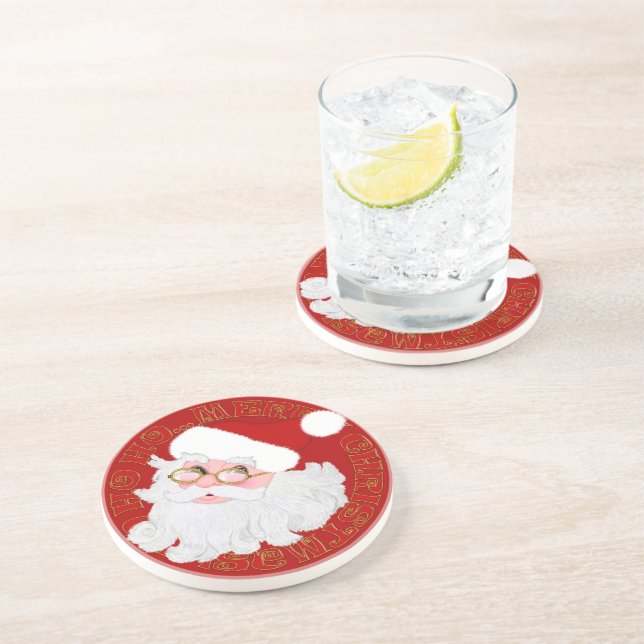Santa's Face Circle-Red-Sandstone Coaster (Side)