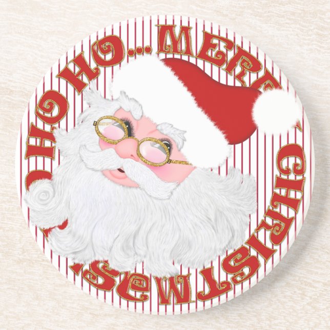 Santa's Face Circle-Red Stripe-Sandstone Coaster (Front)