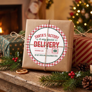 Santa's Factory Special Santa Delivery Plaid Classic Round Sticker