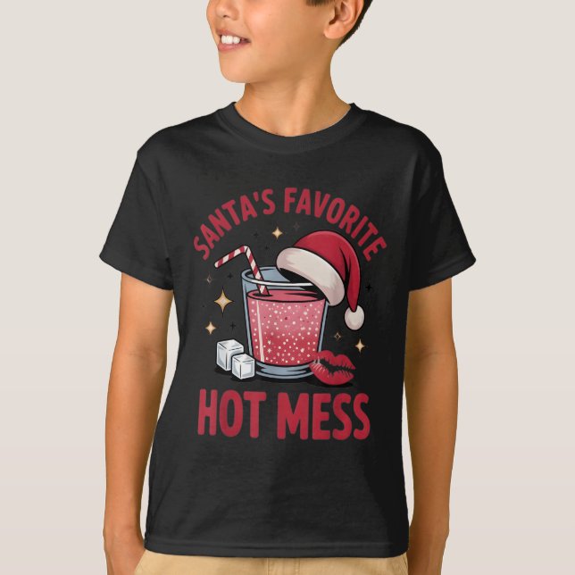 Santa's Favorite Hot Mess Christmas Funny Margarit T-Shirt (Front)