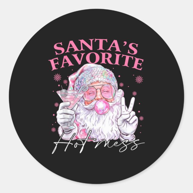 Santa's Favorite Hot Mess Funny Christmas  Classic Round Sticker (Front)