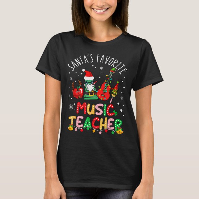 Santa's Favorite Music Teacher Christmas Santa Hat T-Shirt (Front)